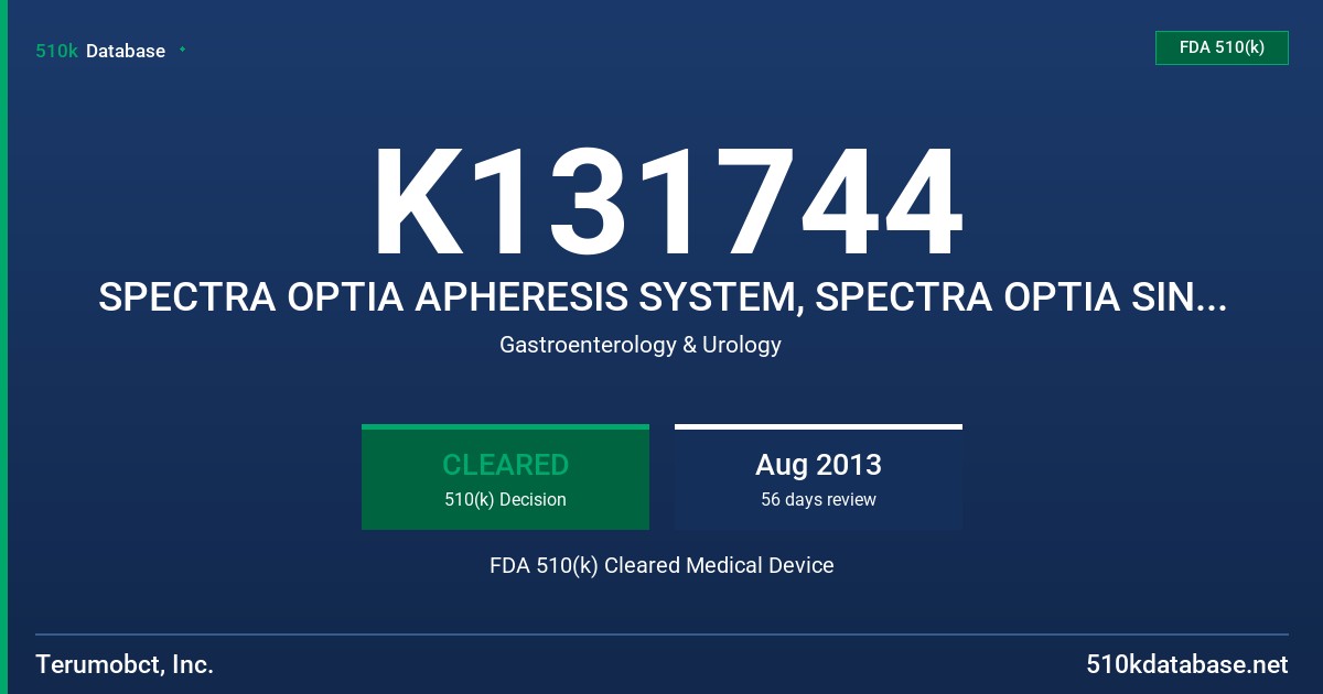 K131744 SPECTRA OPTIA APHERESIS SYSTEM, SPECTRA OPTIA SINGLE-NEEDLE CONNECTOR, SPECTRA OPTIA SYSTEM SOFTWARE FDA 510(k) Cleared Medical Device