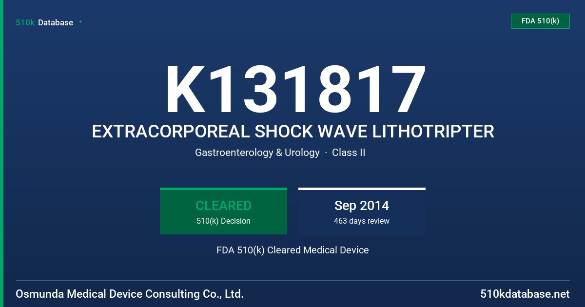 K131817 EXTRACORPOREAL SHOCK WAVE LITHOTRIPTER FDA 510(k) Cleared Medical Device
