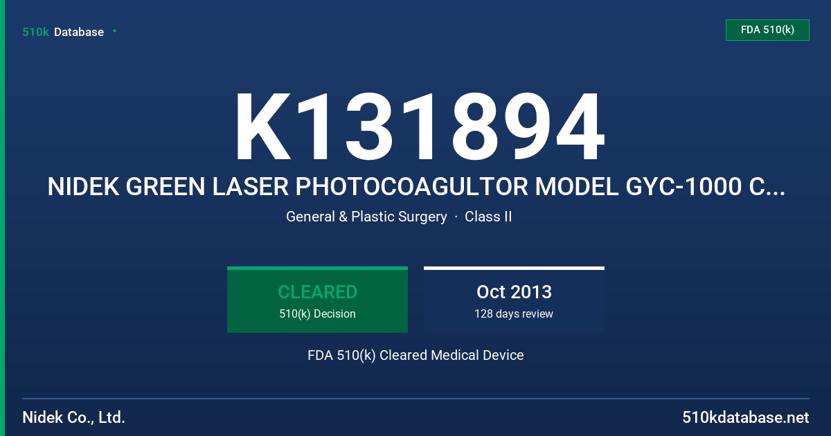 K131894 NIDEK GREEN LASER PHOTOCOAGULTOR MODEL GYC-1000 CONNECTED WITH THE ENDOPHOTOCOAGULATION DELIVERY UNIT FDA 510(k) Cleared Medical Device