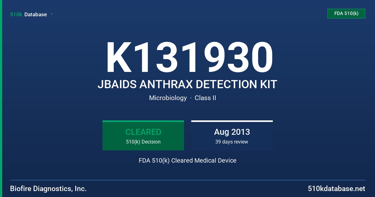 K131930 JBAIDS ANTHRAX DETECTION KIT FDA 510(k) Cleared Medical Device