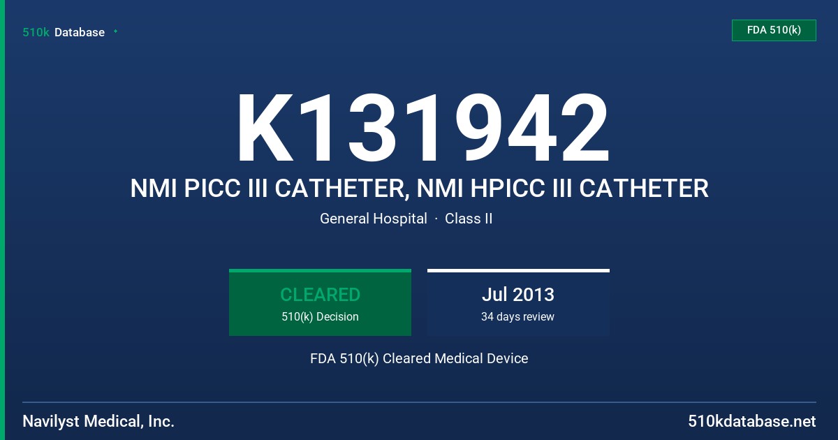 K131942 NMI PICC III CATHETER, NMI HPICC III CATHETER FDA 510(k) Cleared Medical Device