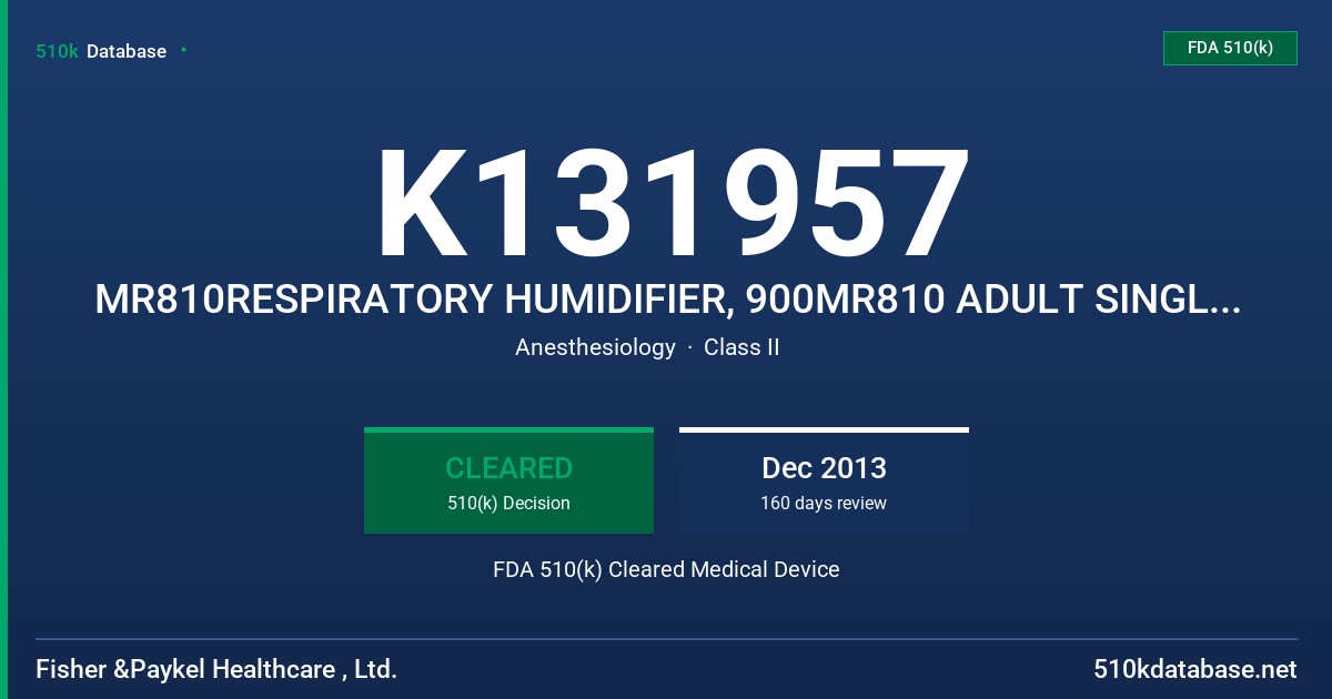 K131957 MR810RESPIRATORY HUMIDIFIER, 900MR810 ADULT SINGLE LIMB CIRCUIT, 900MR810E ADULT DUAL LIMB CIRCUIT FDA 510(k) Cleared Medical Device