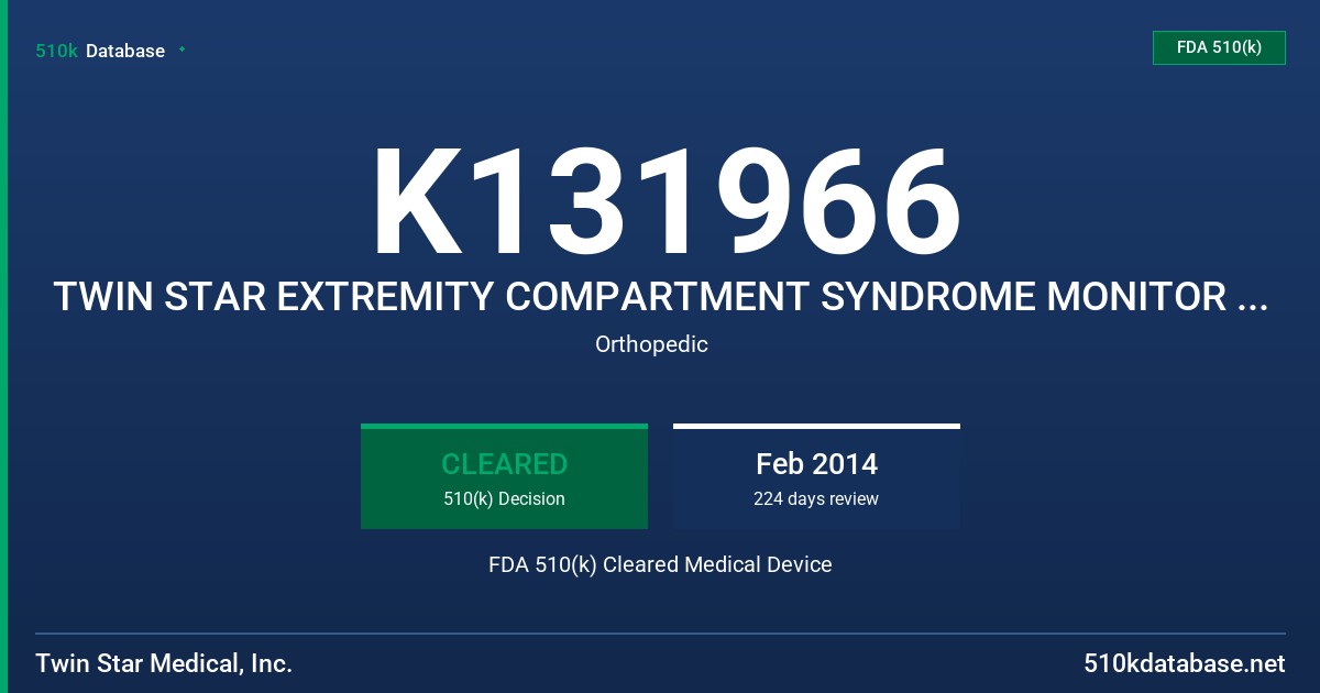 K131966 TWIN STAR EXTREMITY COMPARTMENT SYNDROME MONITOR AND FLUID COLLECTION CATHETER SYSTEM FDA 510(k) Cleared Medical Device