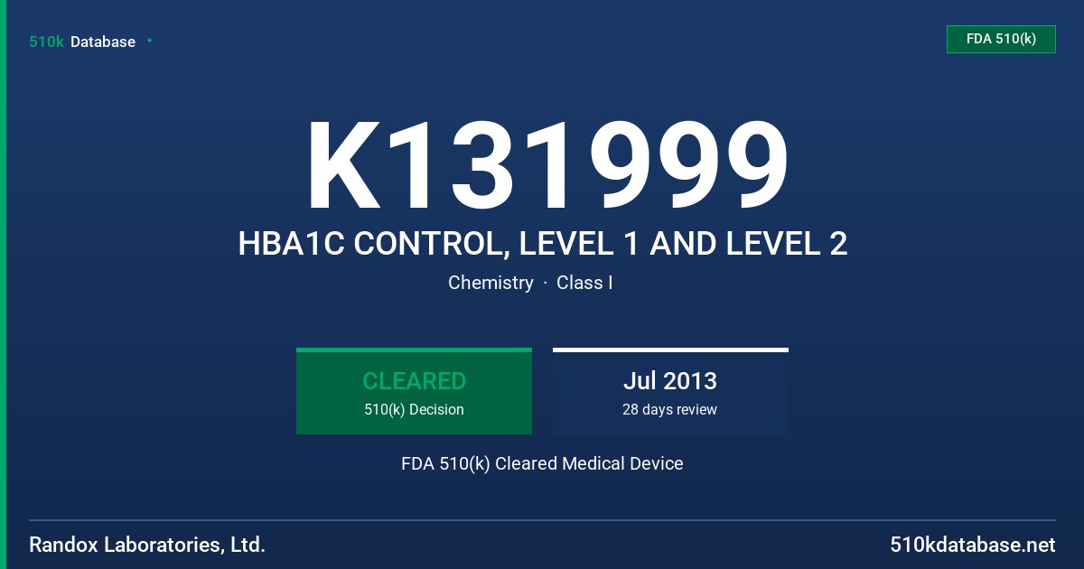 K131999 HBA1C CONTROL, LEVEL 1 AND LEVEL 2 FDA 510(k) Cleared Medical Device