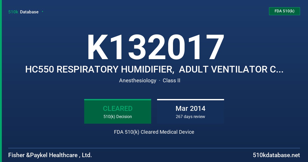 K132017 HC550 RESPIRATORY HUMIDIFIER,  ADULT VENTILATOR CIRCUIT FDA 510(k) Cleared Medical Device