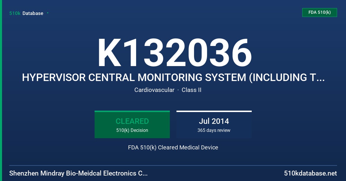 K132036 HYPERVISOR CENTRAL MONITORING SYSTEM (INCLUDING TELEMETRY MONITORING SYSTEM, TMS-6016) FDA 510(k) Cleared Medical Device