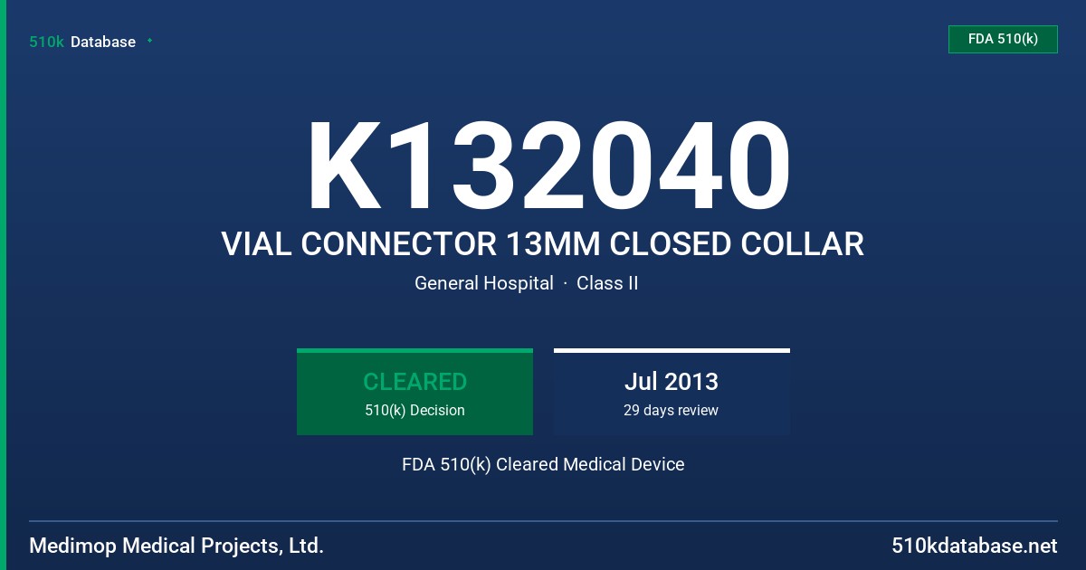 K132040 VIAL CONNECTOR 13MM CLOSED COLLAR FDA 510(k) Cleared Medical Device