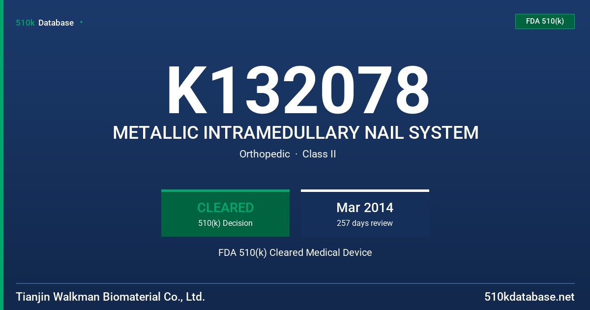 K132078 METALLIC INTRAMEDULLARY NAIL SYSTEM FDA 510(k) Cleared Medical Device