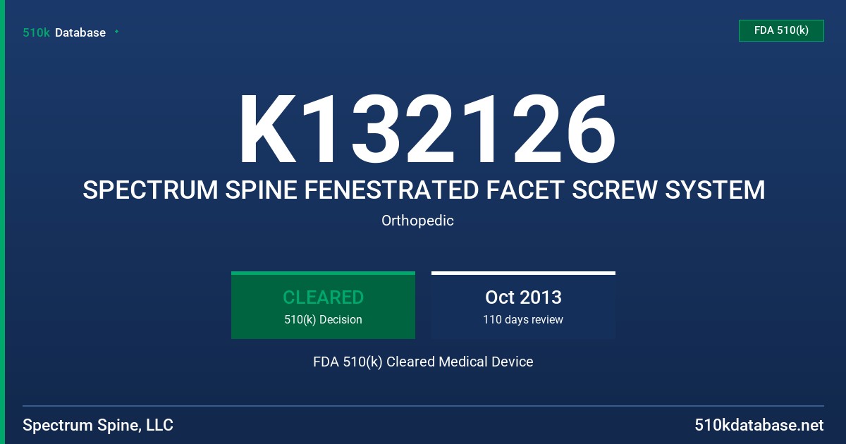 K132126 SPECTRUM SPINE FENESTRATED FACET SCREW SYSTEM FDA 510(k) Cleared Medical Device