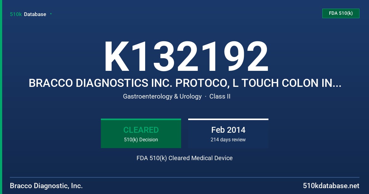 K132192 BRACCO DIAGNOSTICS INC. PROTOCO, L TOUCH COLON INSUFFLATOR FDA 510(k) Cleared Medical Device