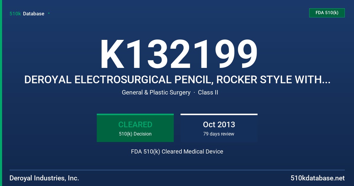 K132199 DEROYAL ELECTROSURGICAL PENCIL, ROCKER STYLE WITHOUT HOLSTER, DEROYAL ELECTROSURGICAL PENCIL, BUTTON STYLE WITHOUT HOLST FDA 510(k) Cleared Medical Device
