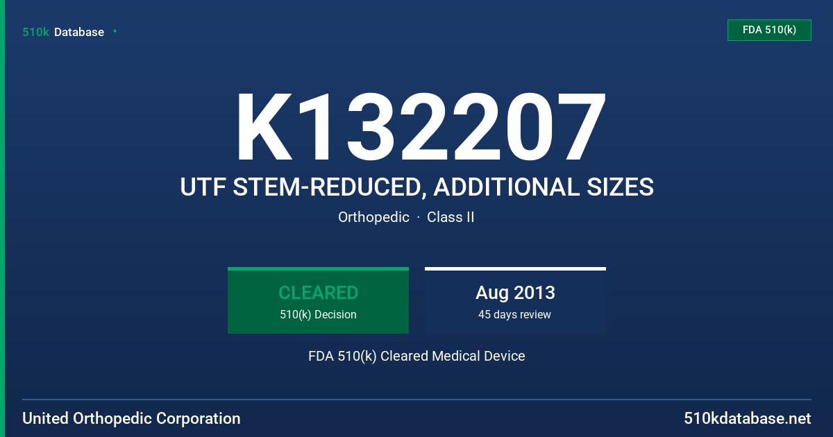 K132207 UTF STEM-REDUCED, ADDITIONAL SIZES FDA 510(k) Cleared Medical Device