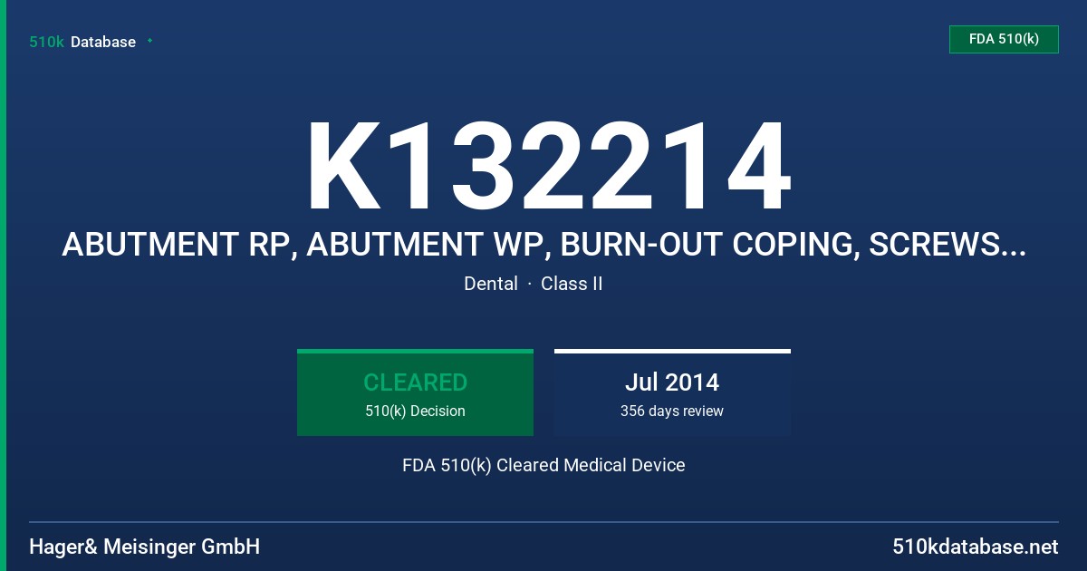 K132214 ABUTMENT RP, ABUTMENT WP, BURN-OUT COPING, SCREWS, TITANIUM ADHESIVE BASE, ALLIGATOR ABUTMENT, SOLID ABUTMENT, RETENTIVE FDA 510(k) Cleared Medical Device