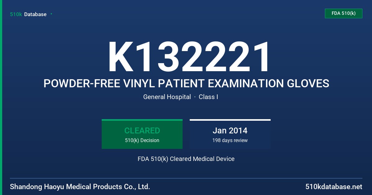 K132221 POWDER-FREE VINYL PATIENT EXAMINATION GLOVES FDA 510(k) Cleared Medical Device