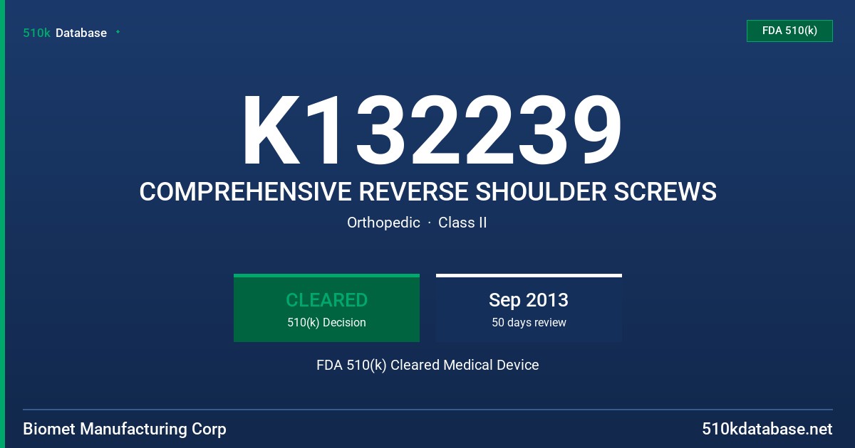 K132239 COMPREHENSIVE REVERSE SHOULDER SCREWS FDA 510(k) Cleared Medical Device