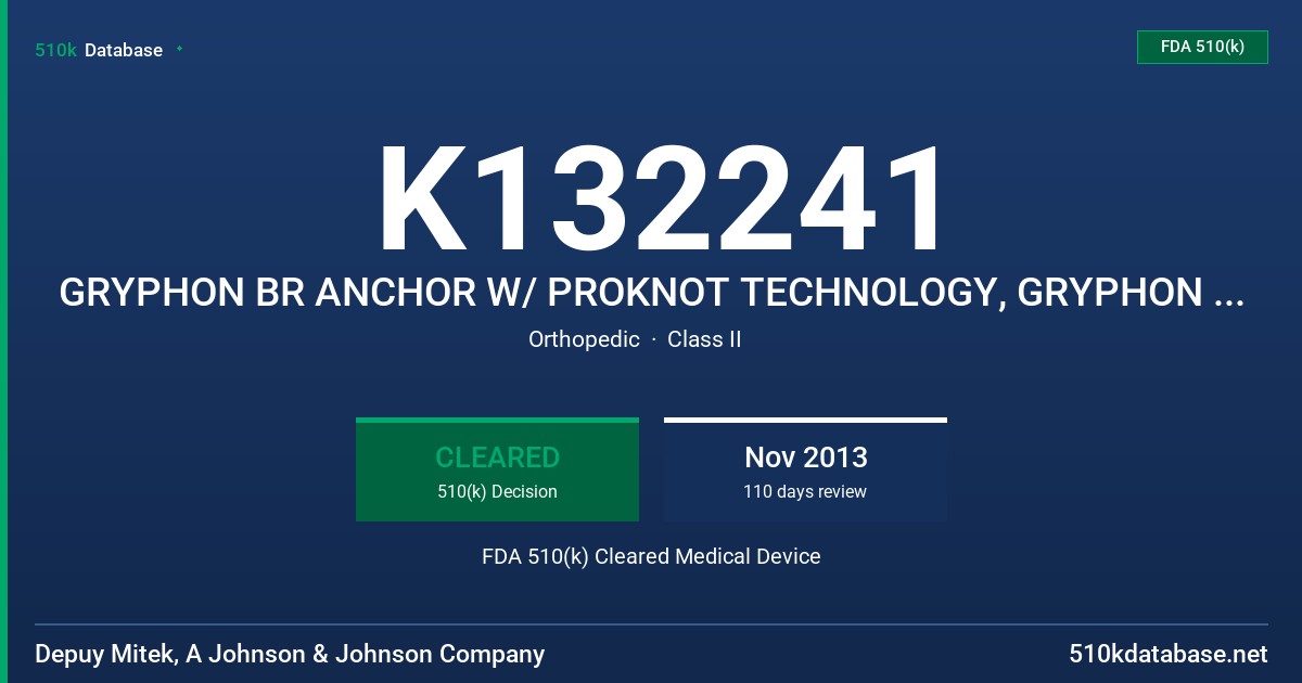K132241 GRYPHON BR ANCHOR W/ PROKNOT TECHNOLOGY, GRYPHON BR ANCHOR W/ PROKNOT TECHNOLOGY - HIP, GRYPHON PEEK ANCHOR W/ PROKNOT T FDA 510(k) Cleared Medical Device