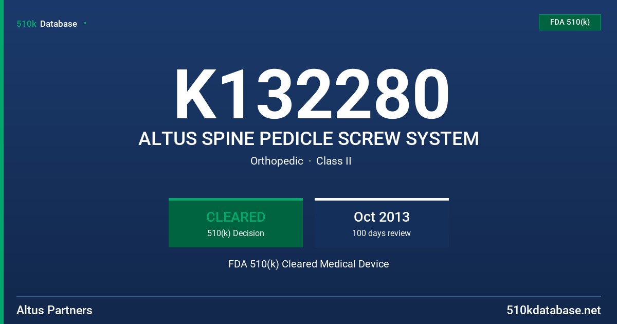 K132280 ALTUS SPINE PEDICLE SCREW SYSTEM FDA 510(k) Cleared Medical Device