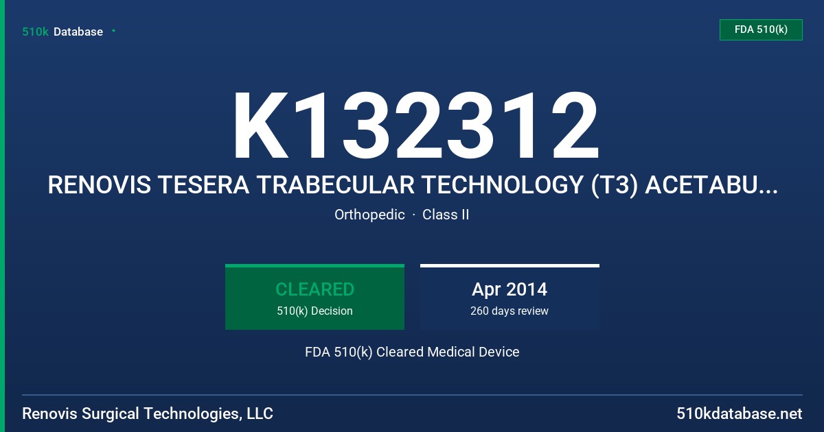 K132312 RENOVIS TESERA TRABECULAR TECHNOLOGY (T3) ACETABULAR SHELL SYSTEM FDA 510(k) Cleared Medical Device