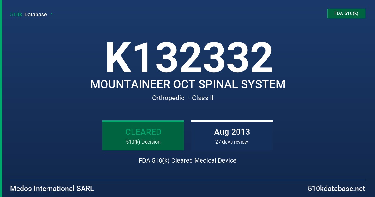 K132332 MOUNTAINEER OCT SPINAL SYSTEM FDA 510(k) Cleared Medical Device