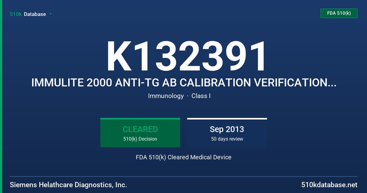 K132391 IMMULITE 2000 ANTI-TG AB CALIBRATION VERIFICATION MATERIAL, IMMULITE 2000 ANTI-TPO AB CALIBRATION VERIFICATIN MATERIAL FDA 510(k) Cleared Medical Device