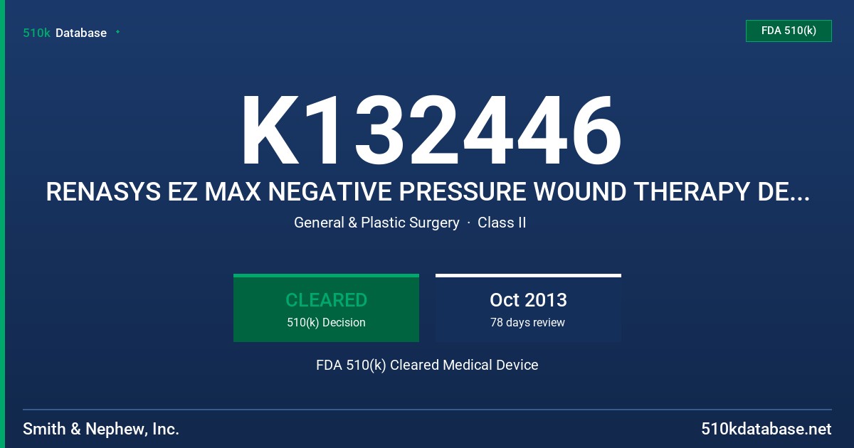 K132446 RENASYS EZ MAX NEGATIVE PRESSURE WOUND THERAPY DEVICE FDA 510(k) Cleared Medical Device