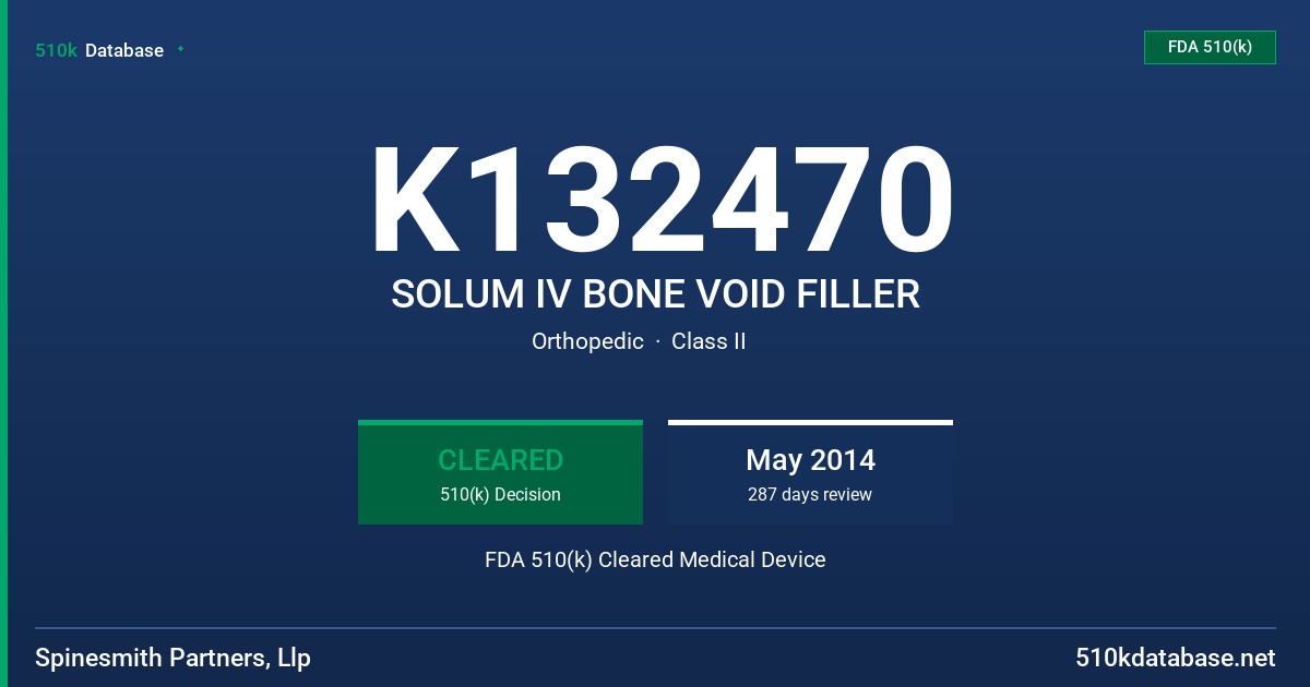 K132470 SOLUM IV BONE VOID FILLER FDA 510(k) Cleared Medical Device