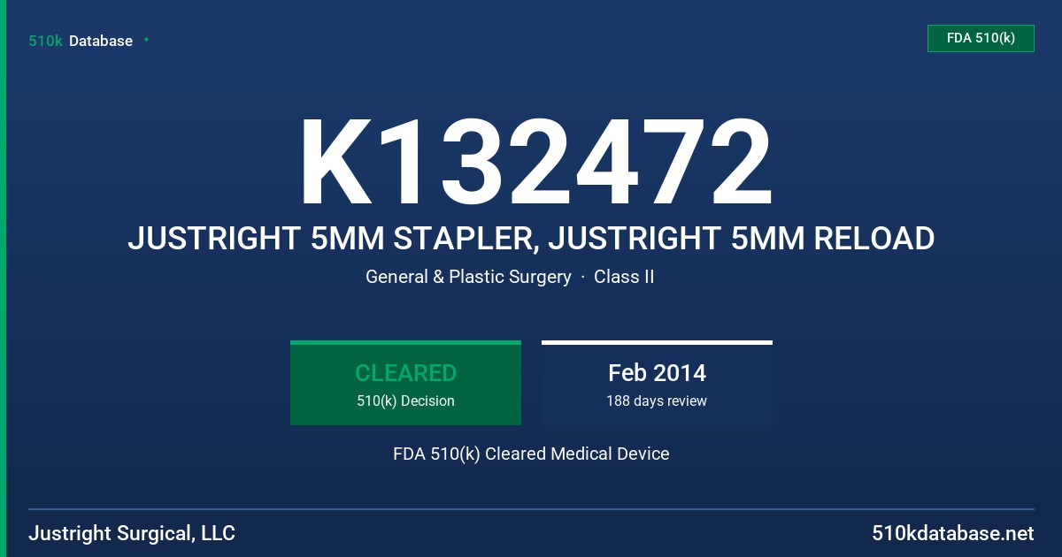 K132472 JUSTRIGHT 5MM STAPLER, JUSTRIGHT 5MM RELOAD FDA 510(k) Cleared Medical Device