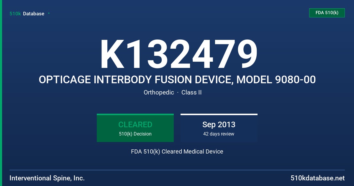 K132479 OPTICAGE INTERBODY FUSION DEVICE, MODEL 9080-00 FDA 510(k) Cleared Medical Device