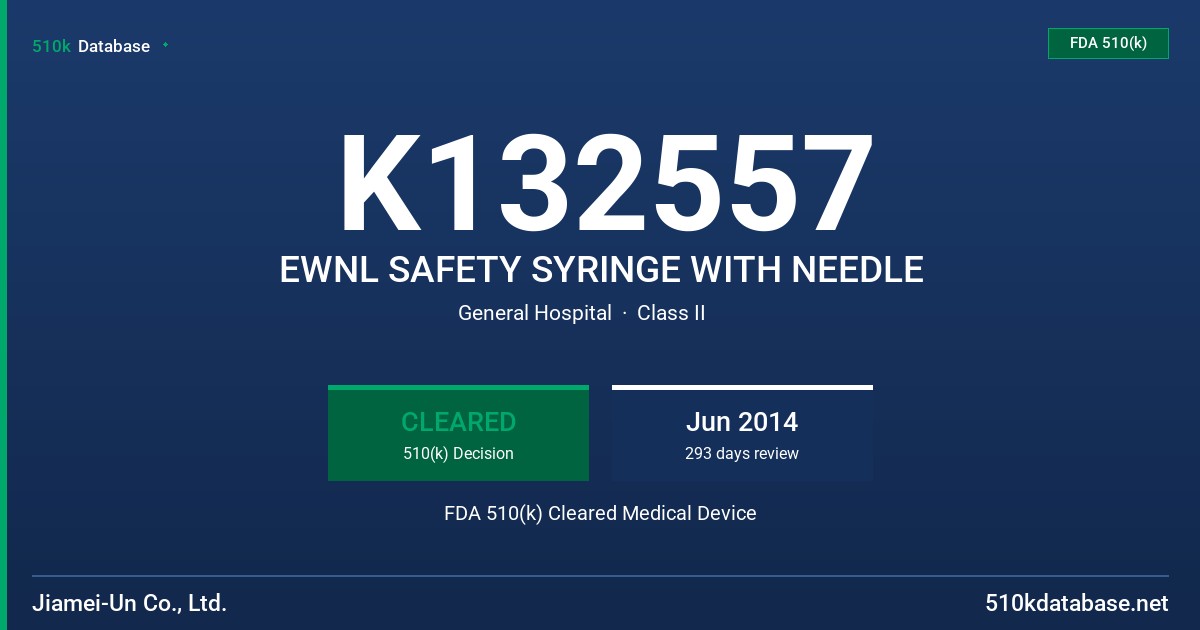 K132557 EWNL SAFETY SYRINGE WITH NEEDLE FDA 510(k) Cleared Medical Device