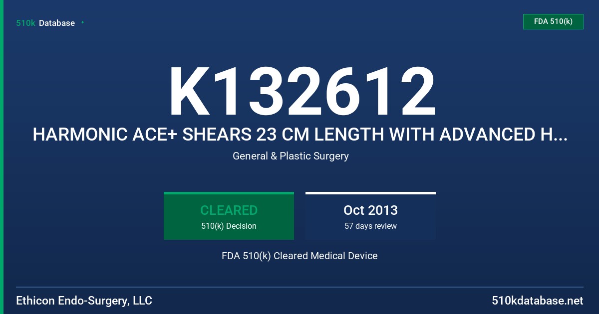 K132612 HARMONIC ACE+ SHEARS 23 CM LENGTH WITH ADVANCED HEMOSTASIS, HARMONIC ACE + LAPAROSCOPIC SHEARS 36 CM LENGTH WITH ADVANCE FDA 510(k) Cleared Medical Device
