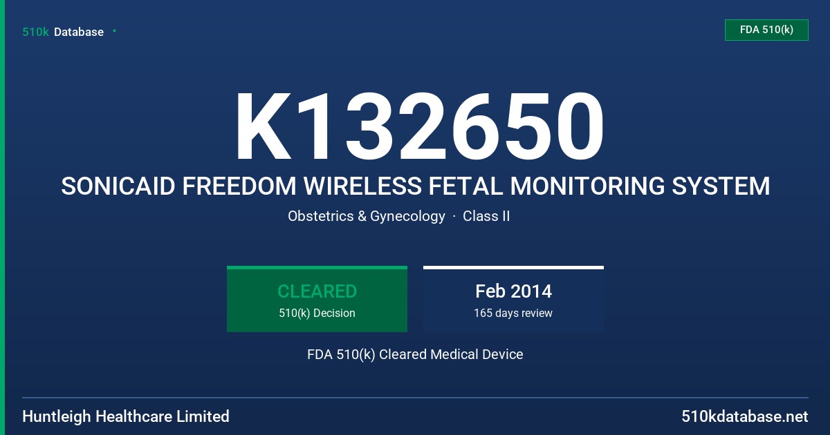 K132650 SONICAID FREEDOM WIRELESS FETAL MONITORING SYSTEM FDA 510(k) Cleared Medical Device