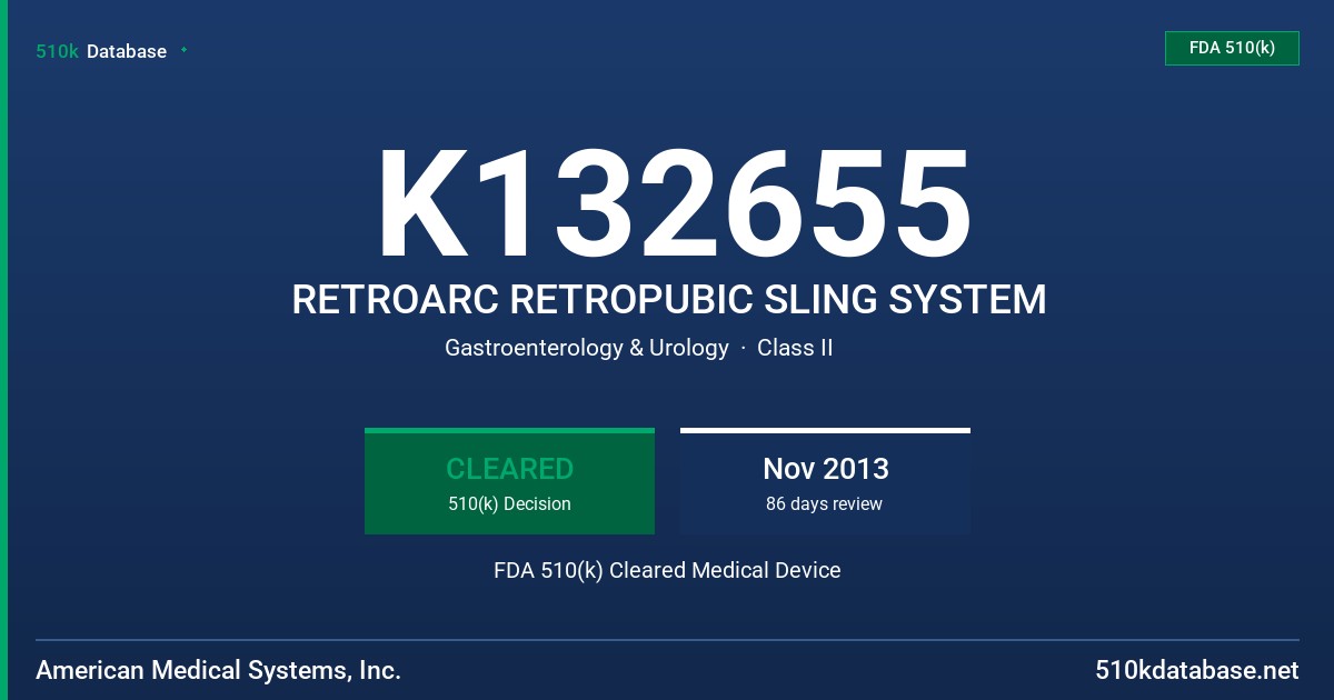 K132655 RETROARC RETROPUBIC SLING SYSTEM FDA 510(k) Cleared Medical Device