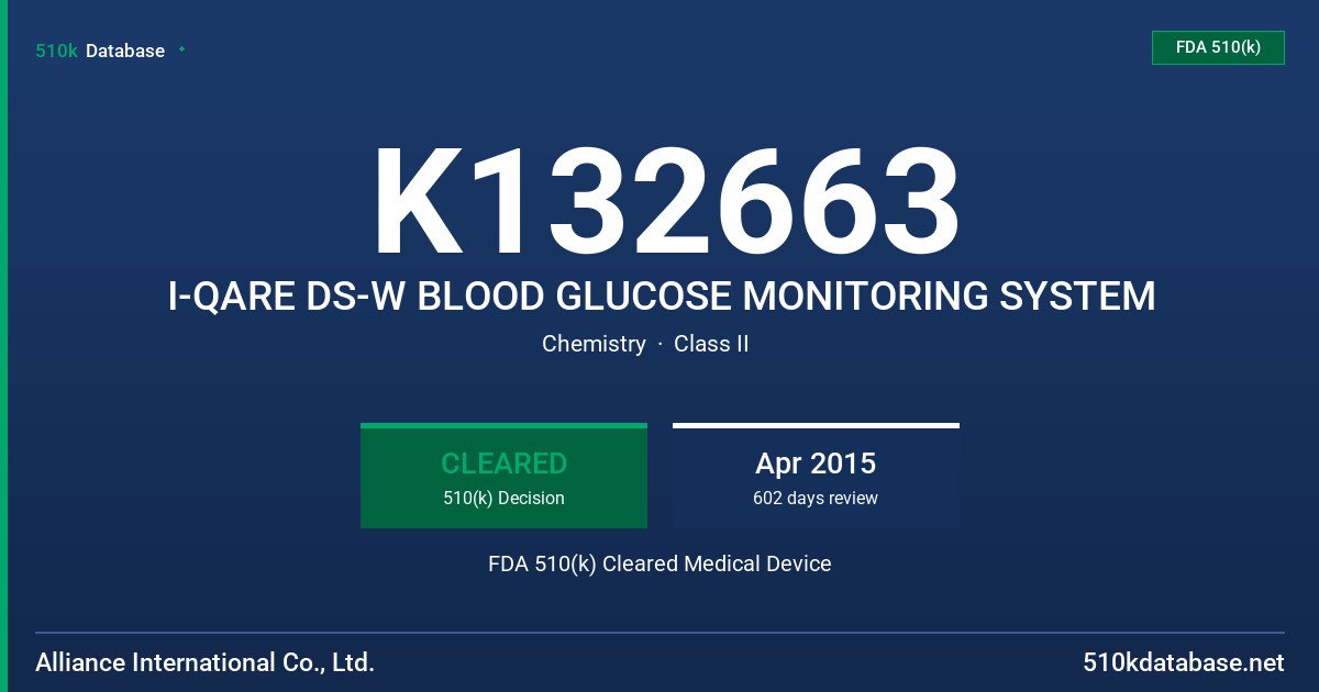K132663 I-QARE DS-W BLOOD GLUCOSE MONITORING SYSTEM FDA 510(k) Cleared Medical Device