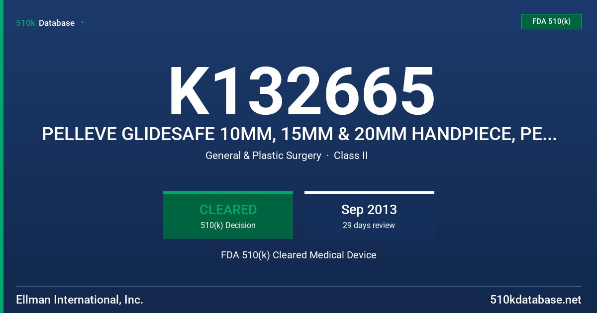 K132665 PELLEVE GLIDESAFE 10MM, 15MM & 20MM HANDPIECE, PELLEVE S5 - IEC FDA 510(k) Cleared Medical Device