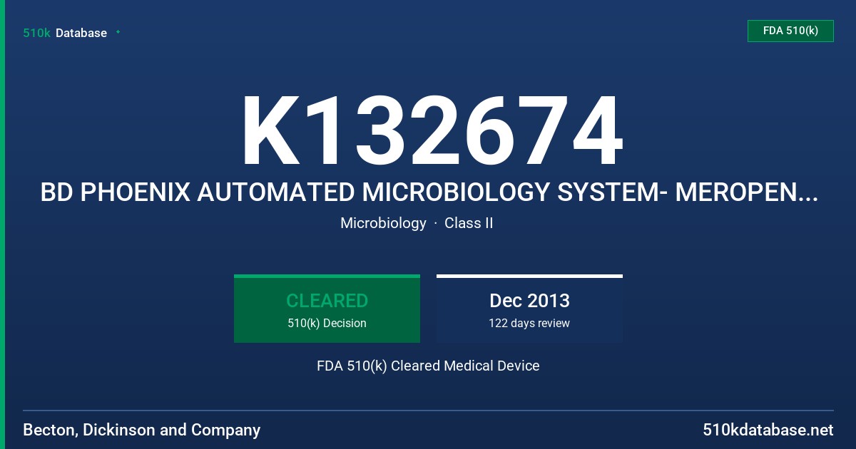K132674 BD PHOENIX AUTOMATED MICROBIOLOGY SYSTEM- MEROPENEM (0.125-32 UG/ML) FDA 510(k) Cleared Medical Device