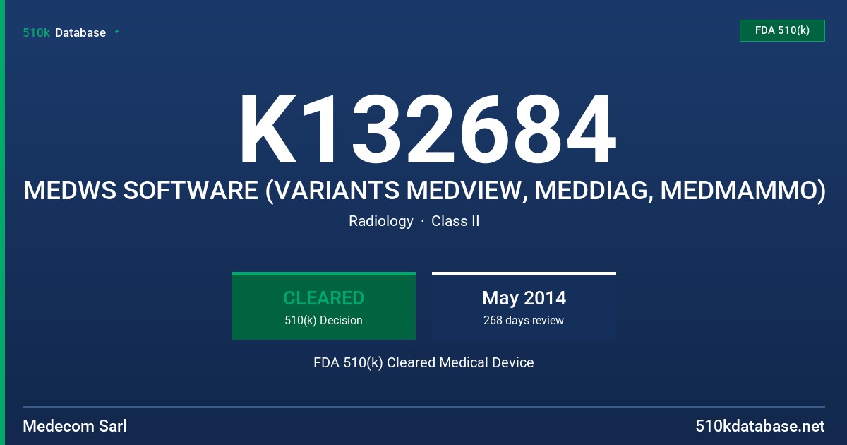 K132684 MEDWS SOFTWARE (VARIANTS MEDVIEW, MEDDIAG, MEDMAMMO) FDA 510(k) Cleared Medical Device