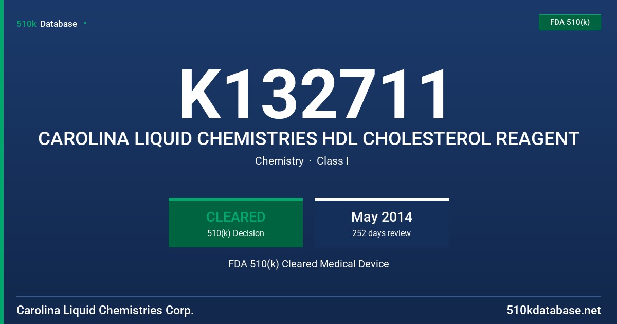 K132711 CAROLINA LIQUID CHEMISTRIES HDL CHOLESTEROL REAGENT FDA 510(k) Cleared Medical Device