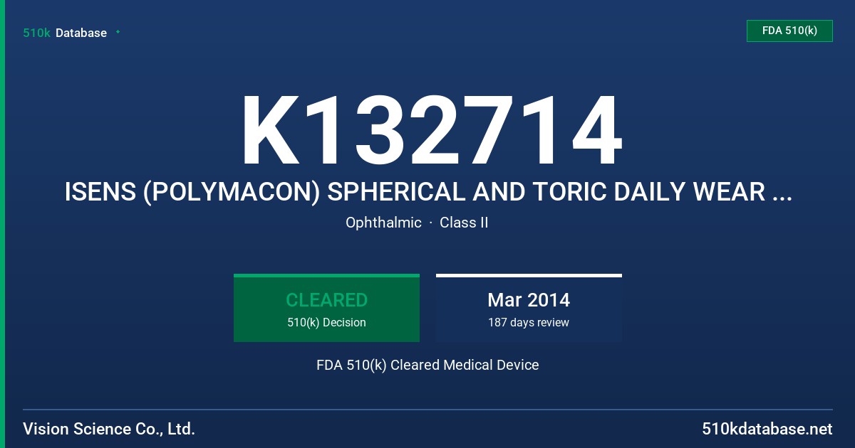 K132714 ISENS (POLYMACON) SPHERICAL AND TORIC DAILY WEAR SOFT CONTACT LENSES (CLEAR, TINTED, AND COSMETIC TINTED) FDA 510(k) Cleared Medical Device