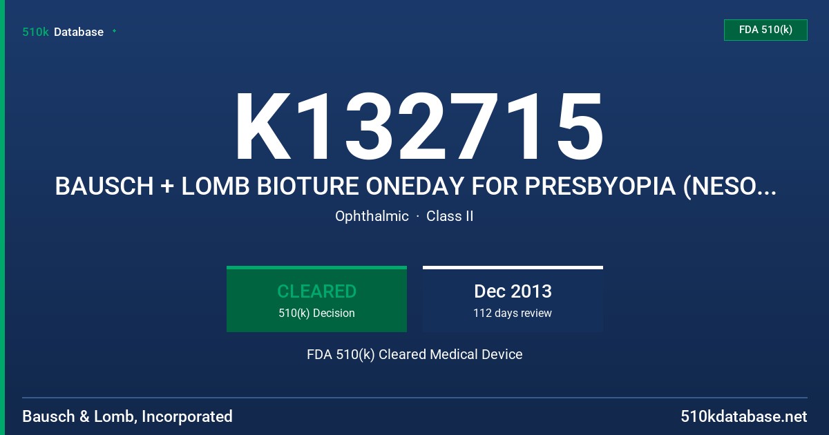 K132715 BAUSCH + LOMB BIOTURE ONEDAY FOR PRESBYOPIA (NESOFILCON A) CONTACT LENS FDA 510(k) Cleared Medical Device