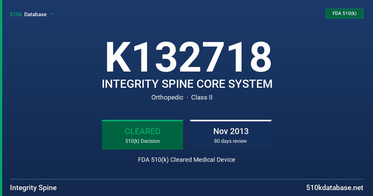K132718 INTEGRITY SPINE CORE SYSTEM FDA 510(k) Cleared Medical Device