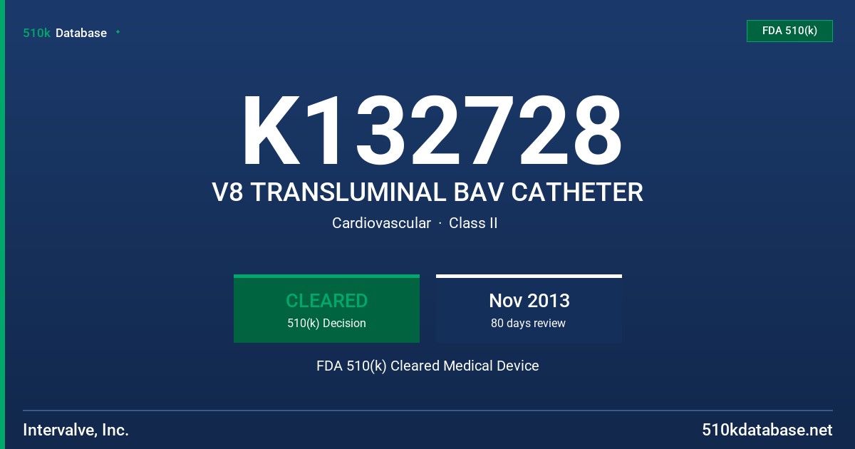 K132728 V8 TRANSLUMINAL BAV CATHETER FDA 510(k) Cleared Medical Device