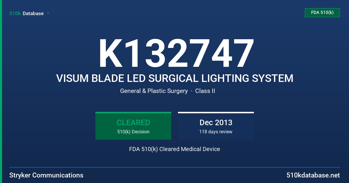 K132747 VISUM BLADE LED SURGICAL LIGHTING SYSTEM FDA 510(k) Cleared Medical Device