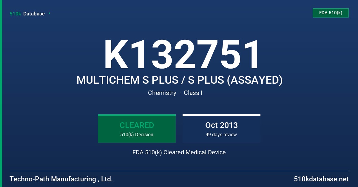 K132751 MULTICHEM S PLUS / S PLUS (ASSAYED) FDA 510(k) Cleared Medical Device