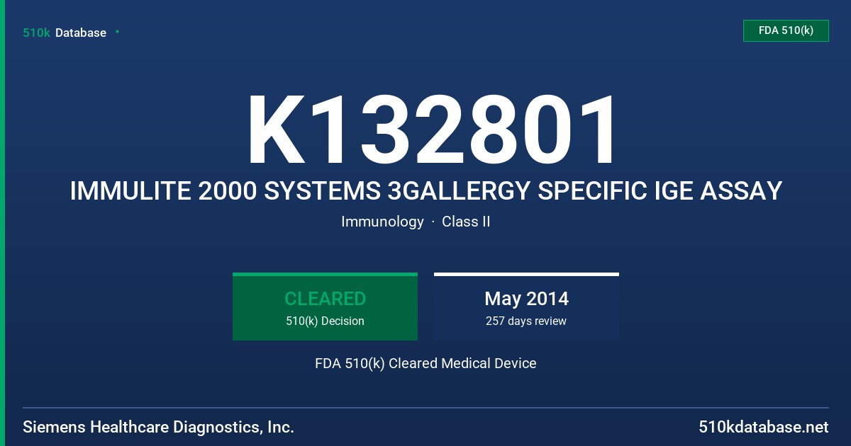 K132801 IMMULITE 2000 SYSTEMS 3GALLERGY SPECIFIC IGE ASSAY FDA 510(k) Cleared Medical Device