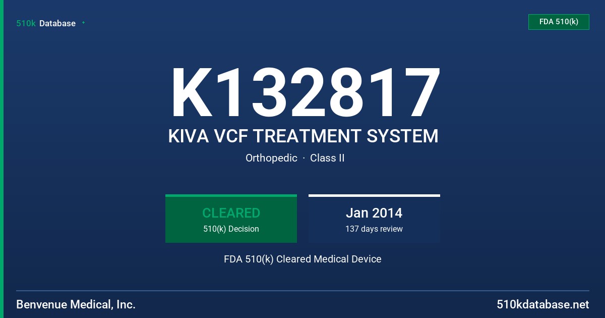 K132817 KIVA VCF TREATMENT SYSTEM FDA 510(k) Cleared Medical Device