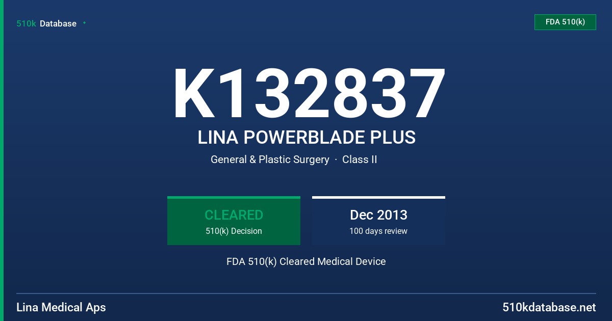 K132837 LINA POWERBLADE PLUS FDA 510(k) Cleared Medical Device