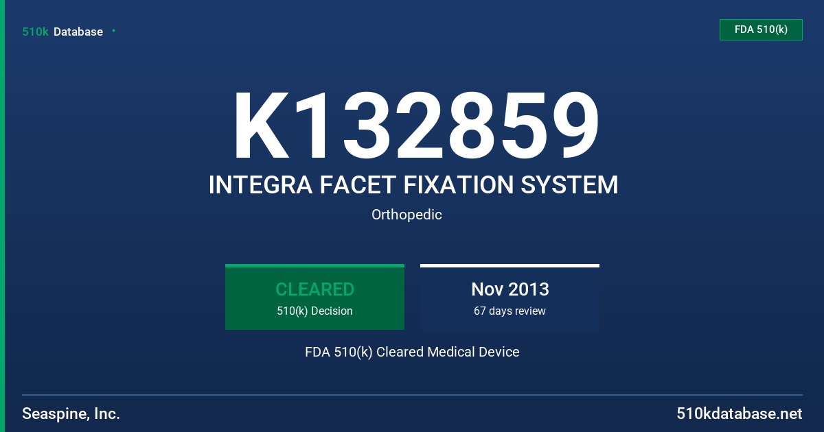 K132859 INTEGRA FACET FIXATION SYSTEM FDA 510(k) Cleared Medical Device