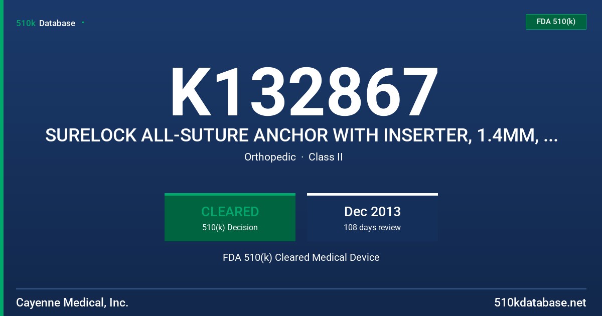 K132867 SURELOCK ALL-SUTURE ANCHOR WITH INSERTER, 1.4MM, SURELOCK ALL-SUTURE ANCHOR WITH INSERTER, 2.2MM FDA 510(k) Cleared Medical Device