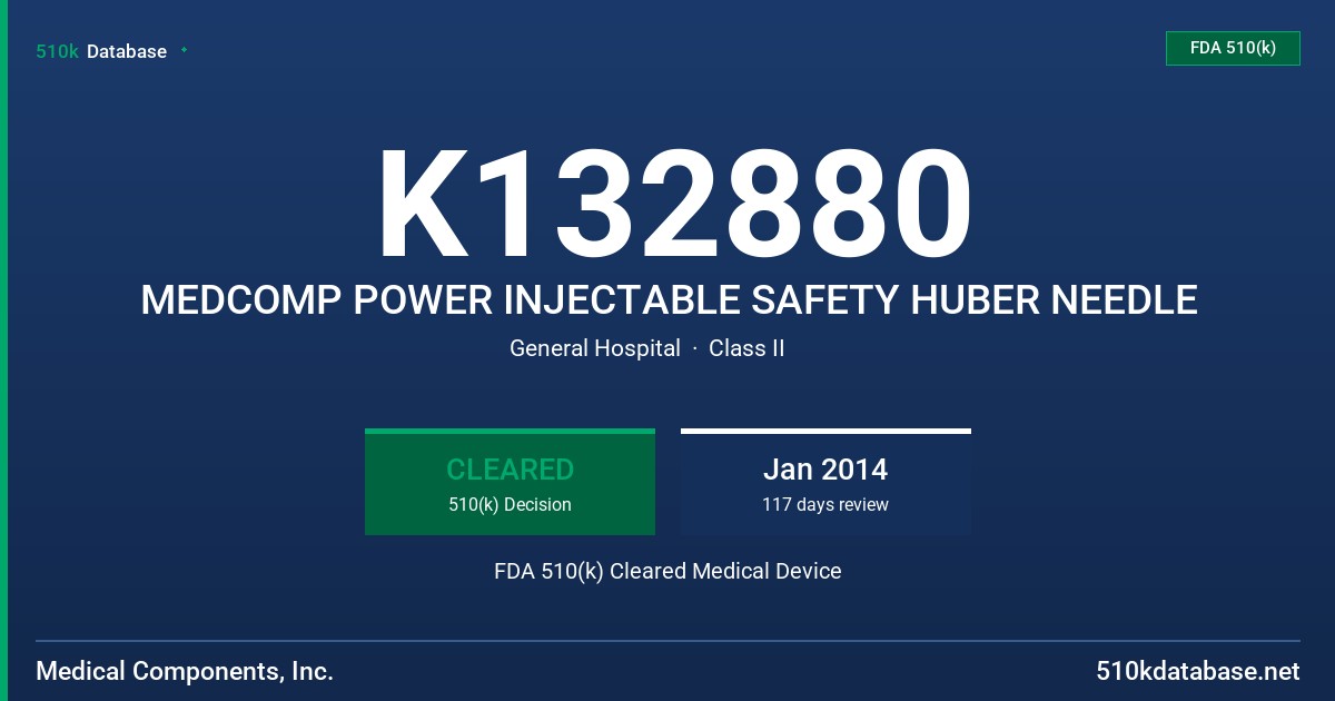 K132880 MEDCOMP POWER INJECTABLE SAFETY HUBER NEEDLE FDA 510(k) Cleared Medical Device