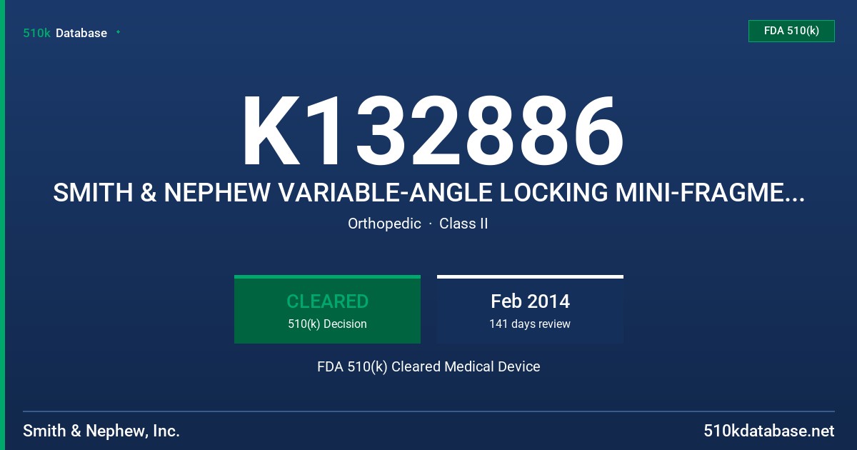K132886 SMITH & NEPHEW VARIABLE-ANGLE LOCKING MINI-FRAGMENT PLATING SYSTEM FDA 510(k) Cleared Medical Device